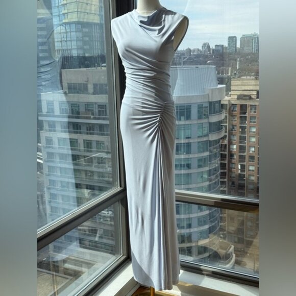 🆕 SIMKHAI 🧿 NWOT Acacia Draped Ruched Jersey Midi Dress, Blue Haze - Sz XS - Picture 13 of 15